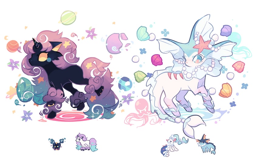 vaporeon, cosmog, primarina, and galarian ponyta (pokemon) drawn by charamells