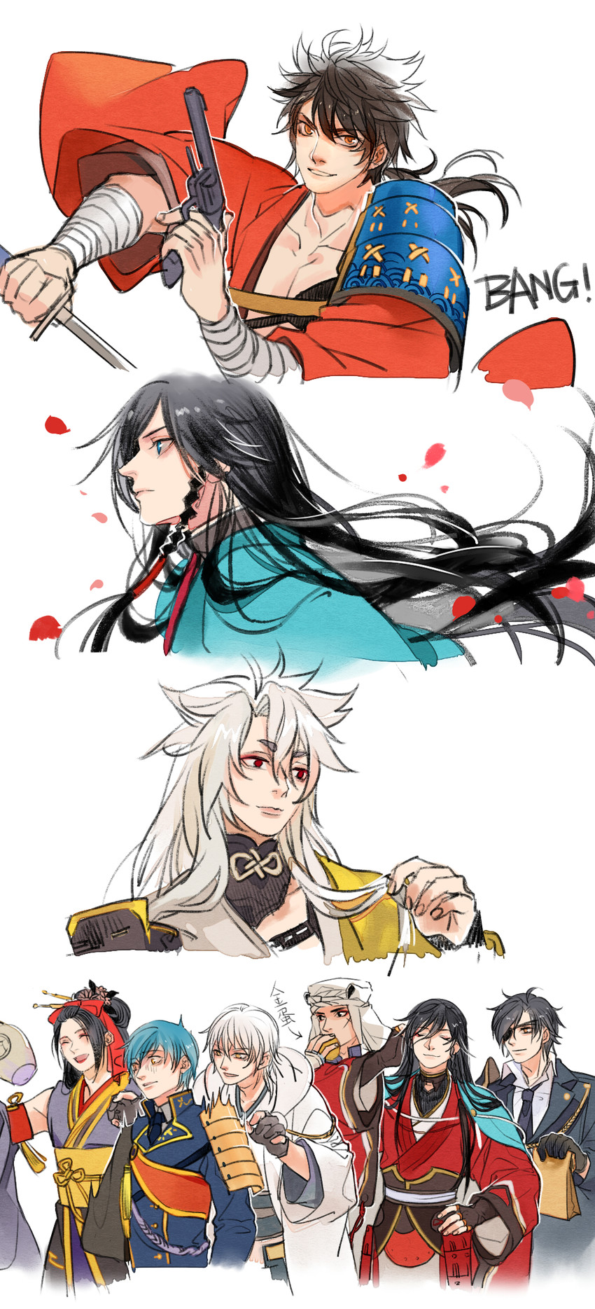 tsurumaru kuninaga, izumi-no-kami kanesada, ichigo hitofuri, shokudaikiri mitsutada, kogitsunemaru, and 2 more (touken ranbu) drawn by chongning