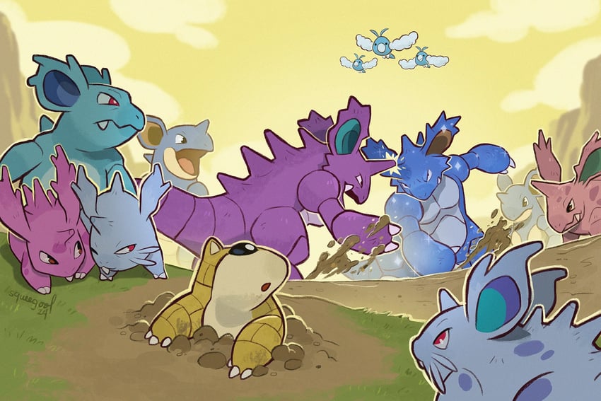 swablu, nidoking, nidoran, sandshrew, nidoqueen, and 2 more (pokemon) drawn by squeegool