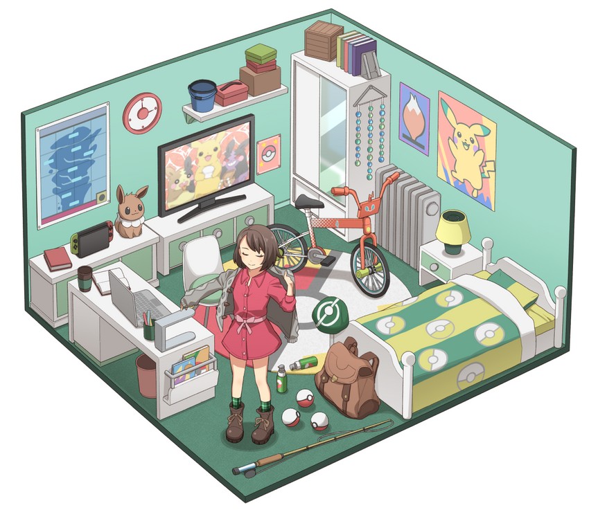pikachu, gloria, eevee, rotom, rotom phone, and 2 more (pokemon and 1 more) drawn by itou_(mogura)