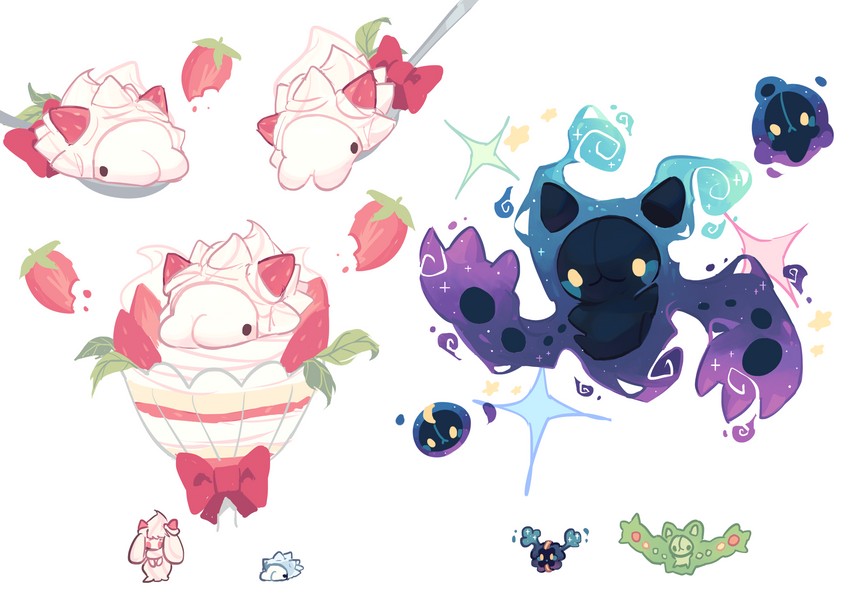 cosmog, alcremie, snom, reuniclus, solosis, and 1 more (original and 1 more) drawn by charamells