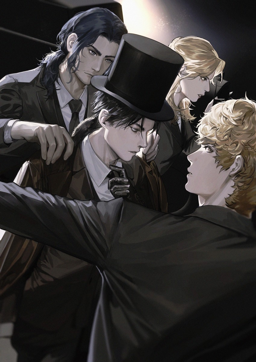 klein moretti, audrey hall, alger wilson, and derrick berg (lord of the mysteries) drawn by yinyoushirenmaotouying