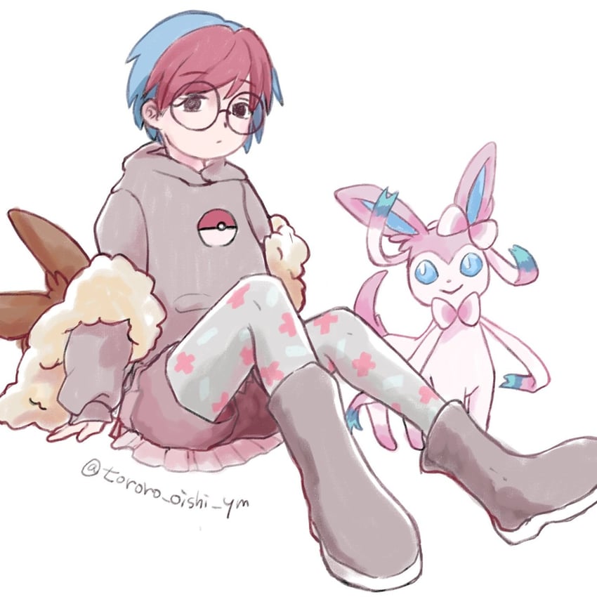 eevee, sylveon, and penny (pokemon and 1 more) drawn by tororo_oishi_ym