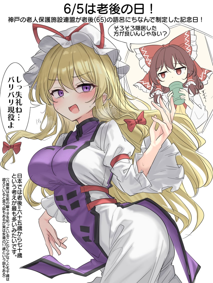 hakurei reimu and yakumo yukari (touhou) drawn by youyume-kun