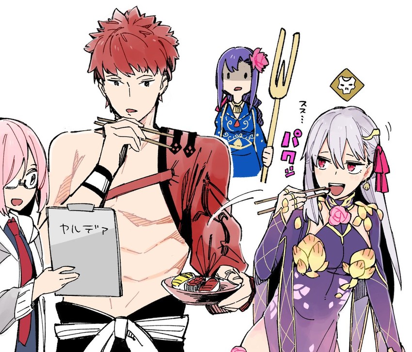 mash kyrielight, emiya shirou, kama, senji muramasa, and parvati (fate and 1 more) drawn by naosuke_(morioka_shachuu)