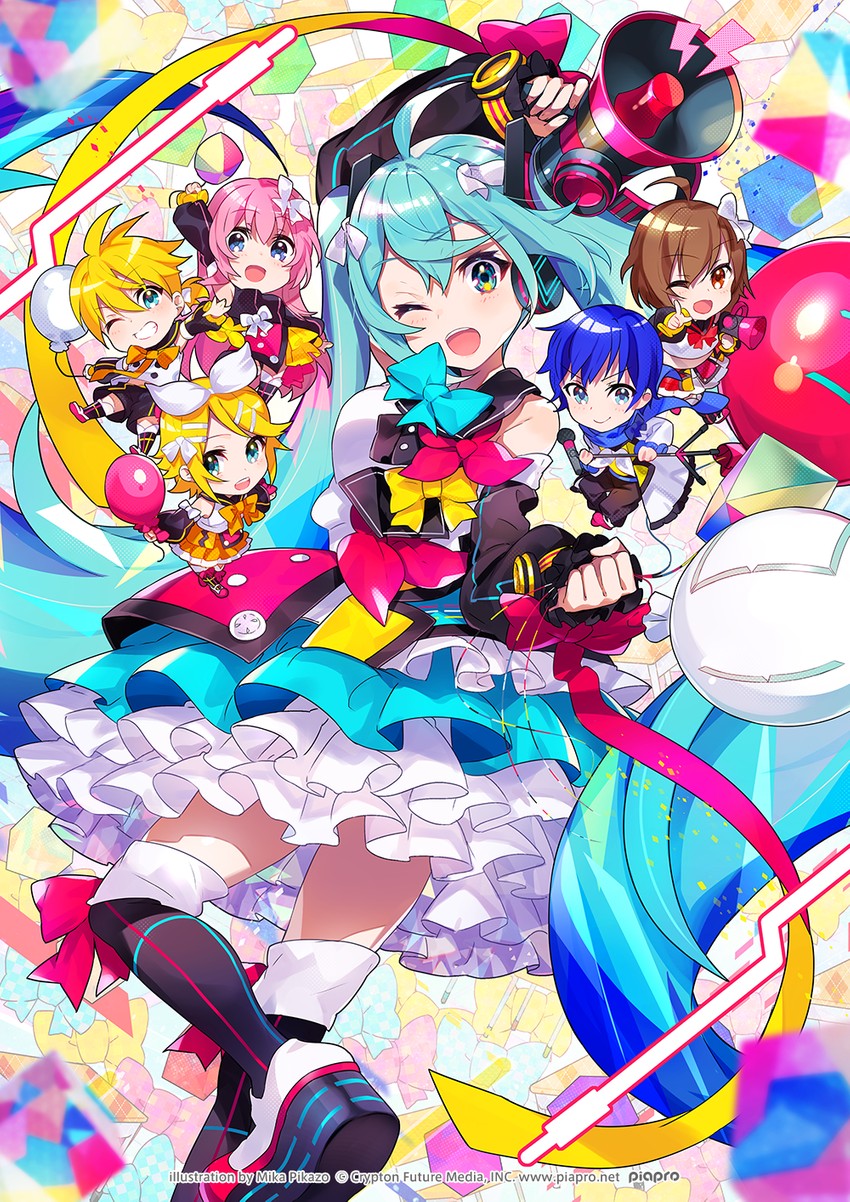 hatsune miku, kagamine rin, kagamine len, megurine luka, kaito, and 7 more (vocaloid and 1 more) drawn by mika_pikazo