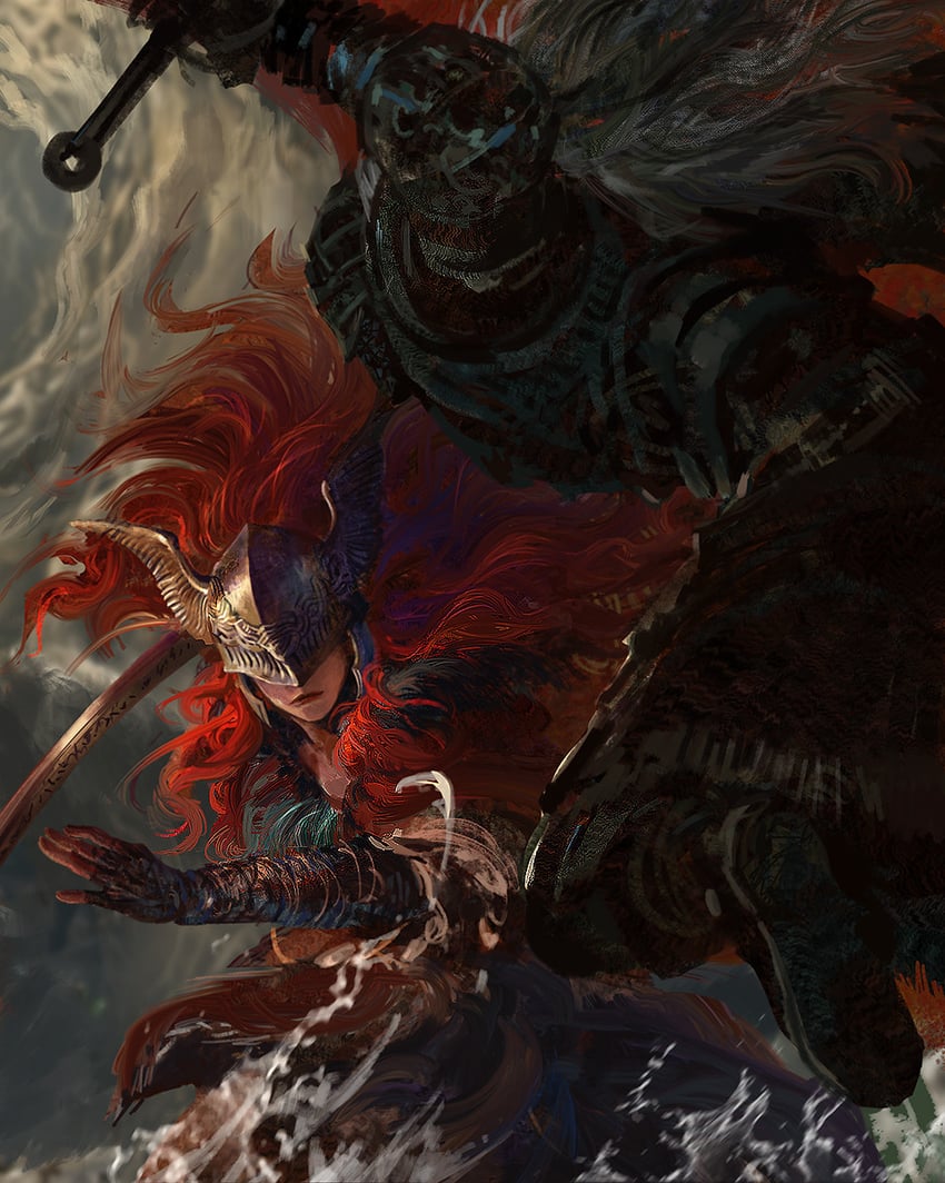 malenia blade of miquella, tarnished, and bloody wolf (elden ring) drawn by chenkai