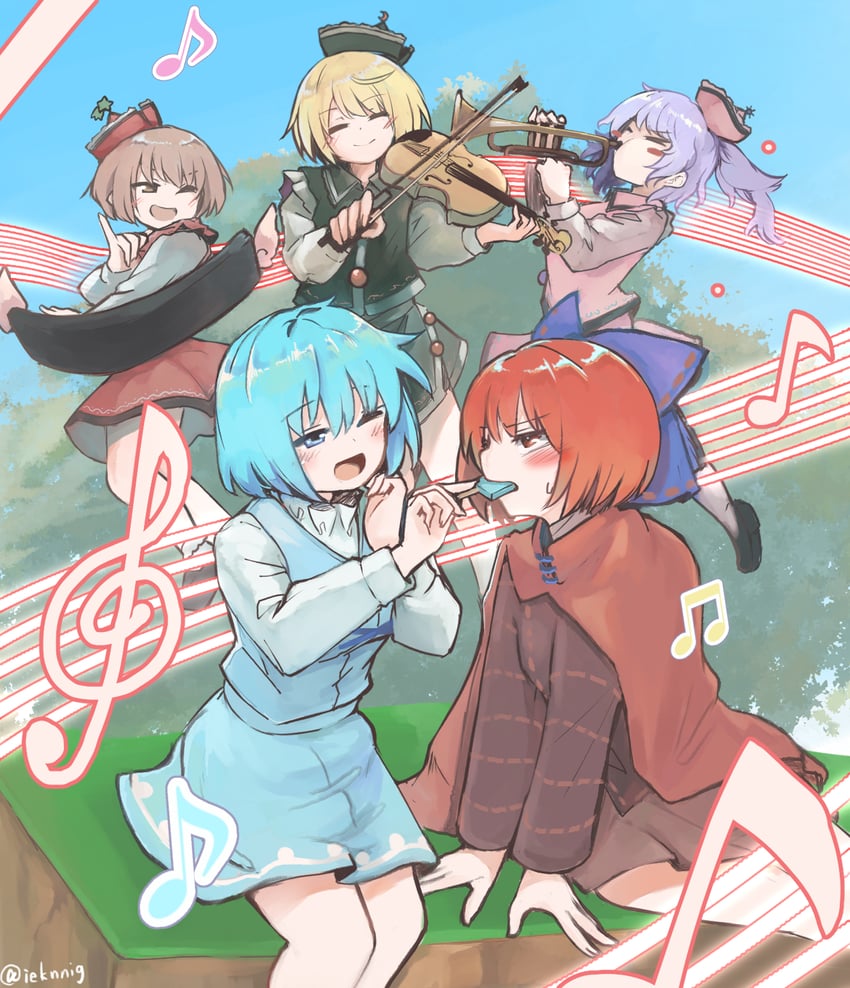 tatara kogasa, sekibanki, lunasa prismriver, merlin prismriver, and lyrica prismriver (touhou) drawn by ginnkei