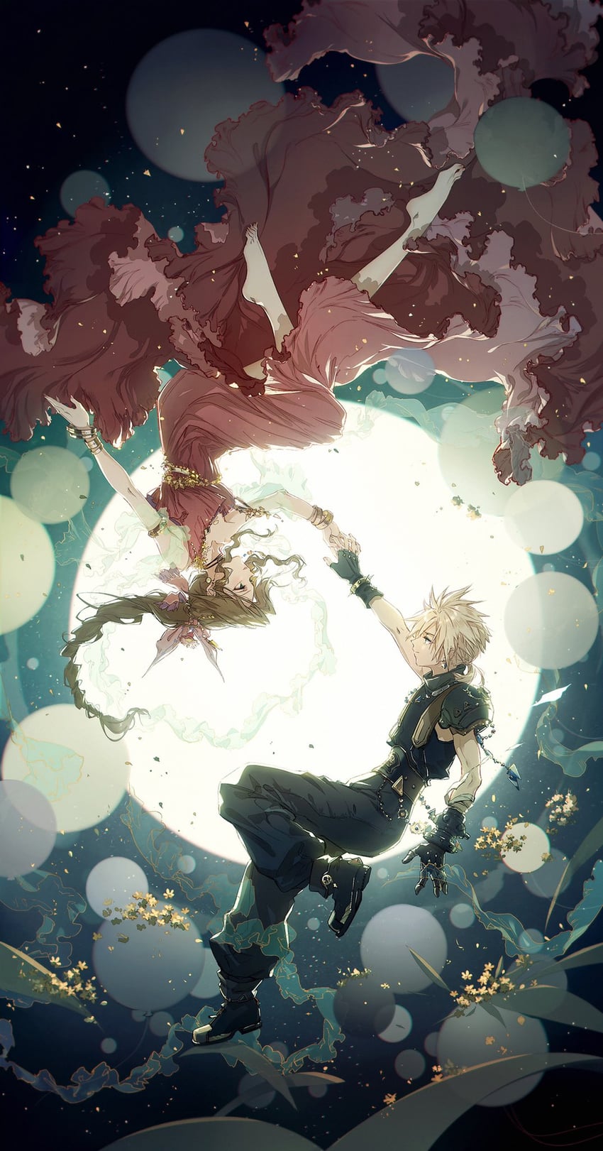 cloud strife and aerith gainsborough (final fantasy and 2 more) drawn by kieta