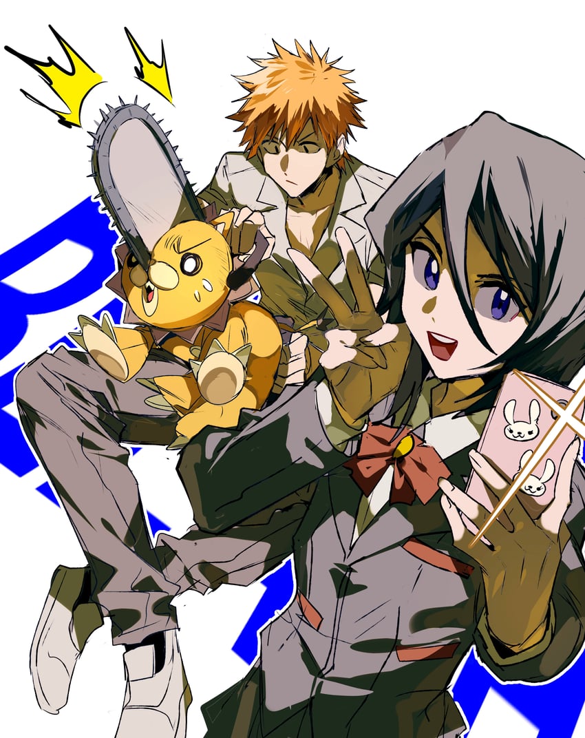 kuchiki rukia, kurosaki ichigo, pochita, and kon (chainsaw man and 1 more) drawn by xi_luo_an_ya