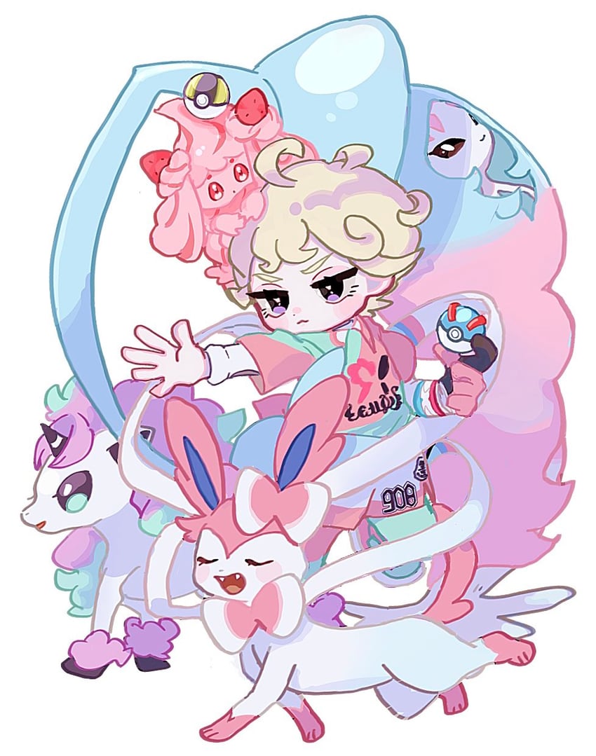sylveon, bede, alcremie, hatterene, and galarian ponyta (pokemon and 1 more) drawn by eneko_(olavcnkrpucl16a)