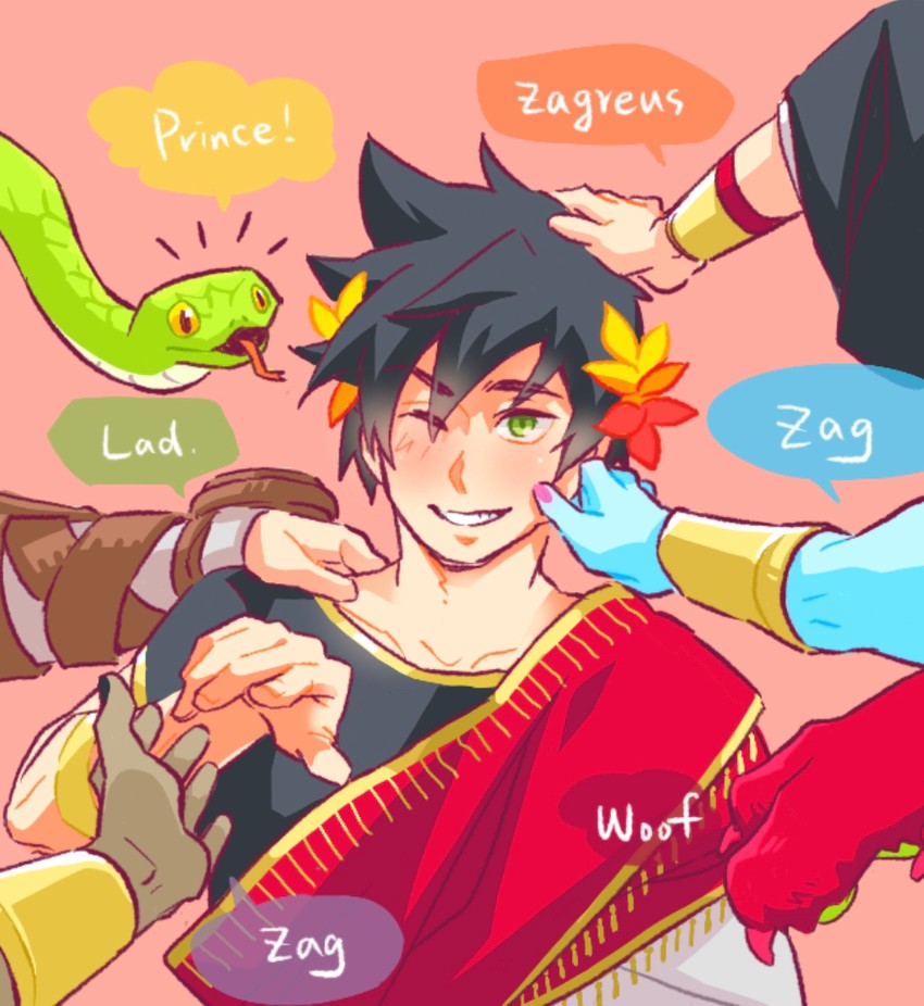 zagreus, thanatos, megaera, dusa, achilles, and 2 more (hades and 1 more) drawn by joy0220