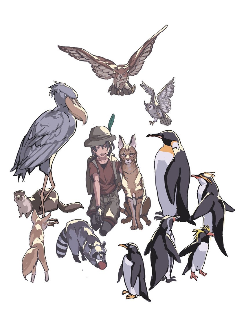 serval, kaban, common raccoon, fennec, shoebill, and 8 more (kemono friends) drawn by hirasawa_geko