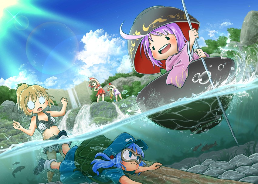 hakurei reimu, kirisame marisa, kawashiro nitori, ibuki suika, and sukuna shinmyoumaru (touhou) drawn by chamaji