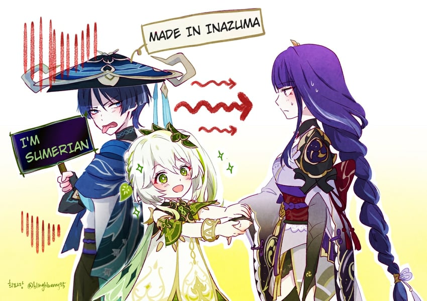 raiden shogun, scaramouche, nahida, and wanderer (genshin impact) drawn by heeparang