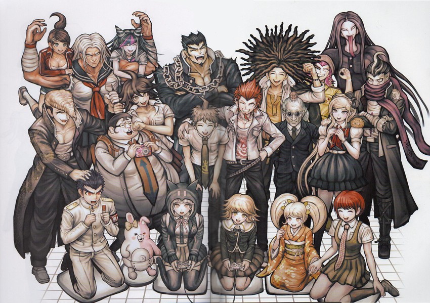nanami chiaki, hinata hajime, monomi, mioda ibuki, fujisaki chihiro, and 18 more (danganronpa and 2 more) drawn by komatsuzaki_rui