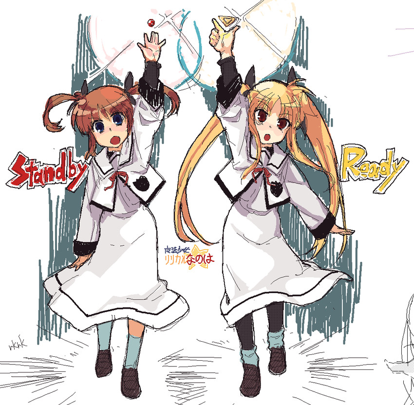 fate testarossa, takamachi nanoha, raising heart, and bardiche (lyrical nanoha and 1 more) drawn by rkrk