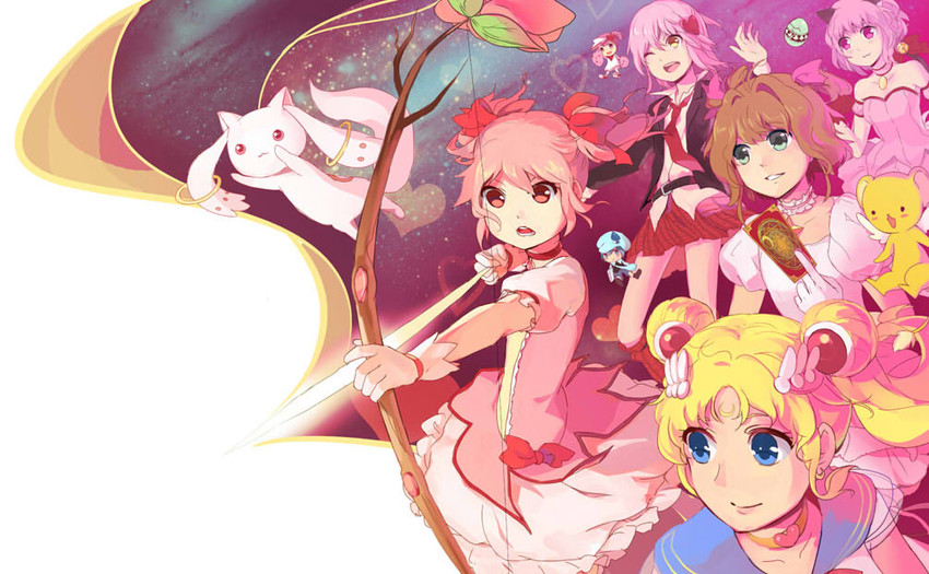 kaname madoka, kyubey, kinomoto sakura, tsukino usagi, sailor moon, and 6 more (mahou shoujo madoka magica and 4 more) drawn by piano_(agneschen)