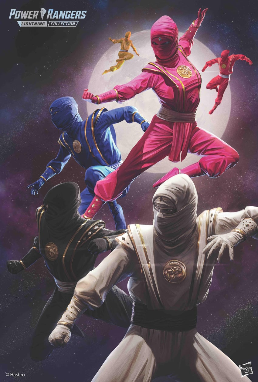 yellow ninja ranger, red ninja ranger, white ninja ranger, black ninja ranger, pink ninja ranger, and 1 more (power rangers and 2 more) drawn by carlosdattoliart