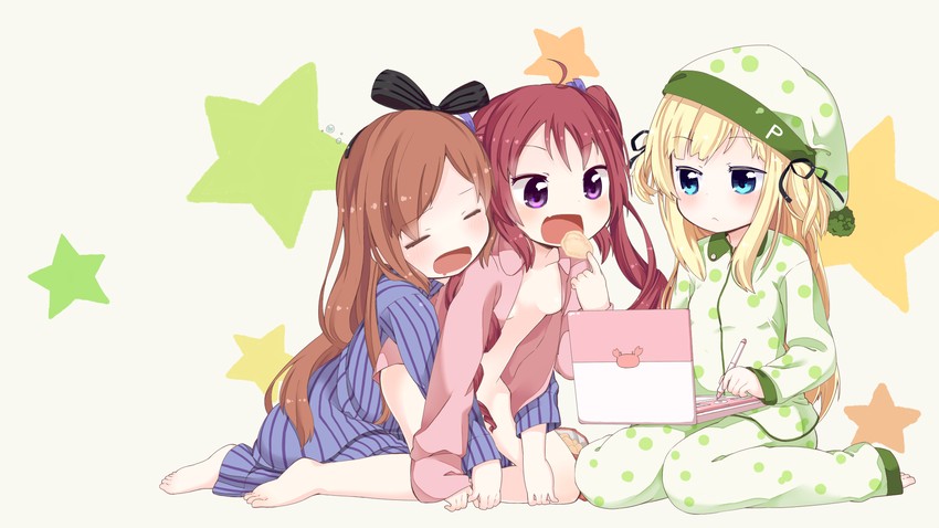 shimotsuki potofu, hazuki watora, and minazuki sarami (original) drawn by muku_(muku-coffee)