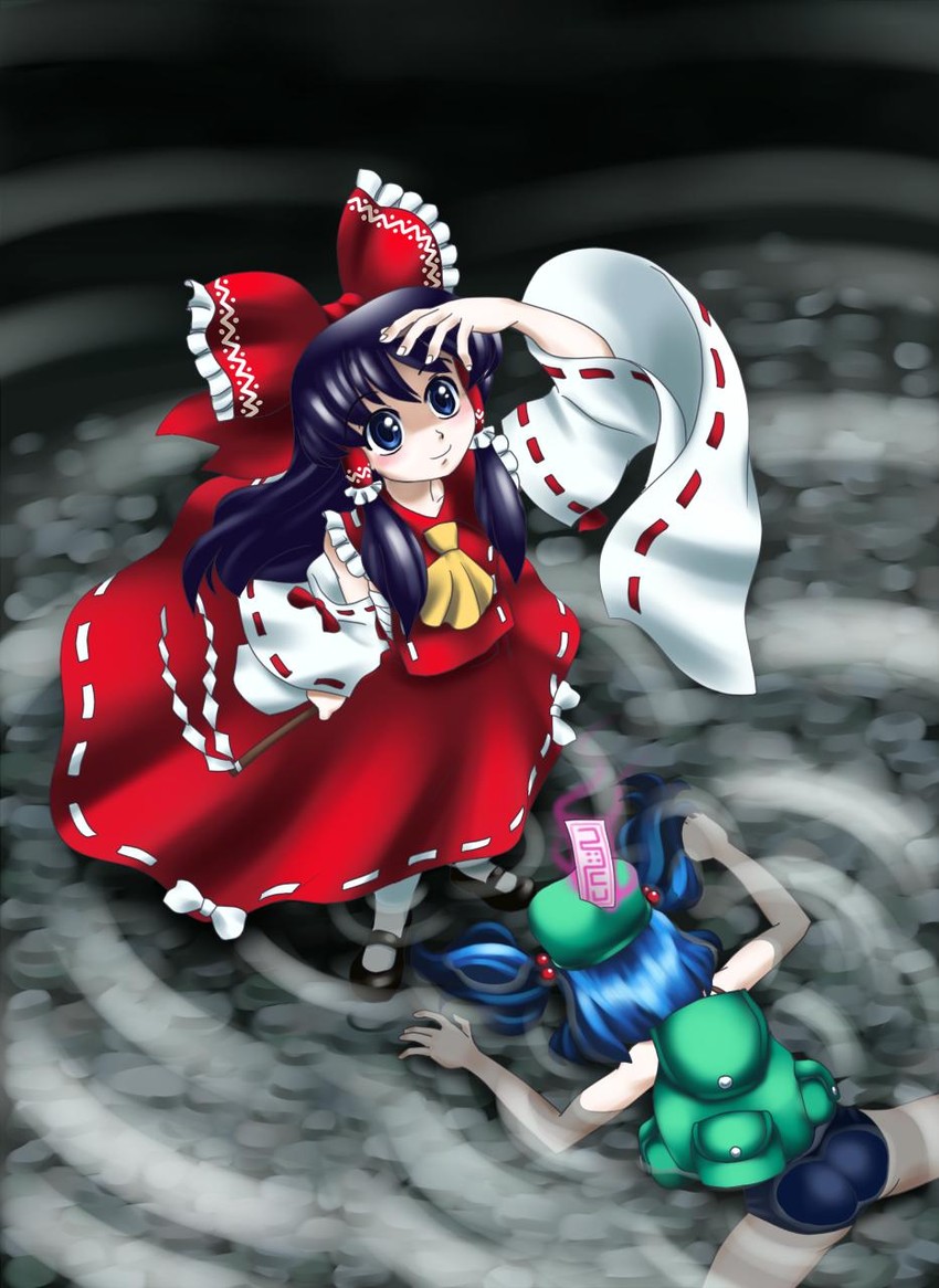 hakurei reimu and kawashiro nitori (touhou) drawn by raionsan