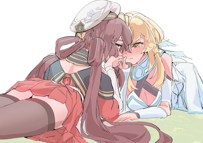 lumine and hu tao (genshin impact) drawn by hooriyuu