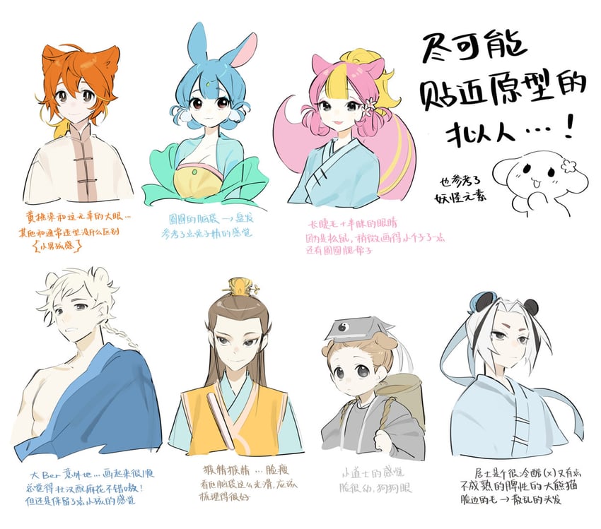 lantu, hongmao, sally, doudou, daben, and 2 more (hongmao and lantu) drawn by maymeriko