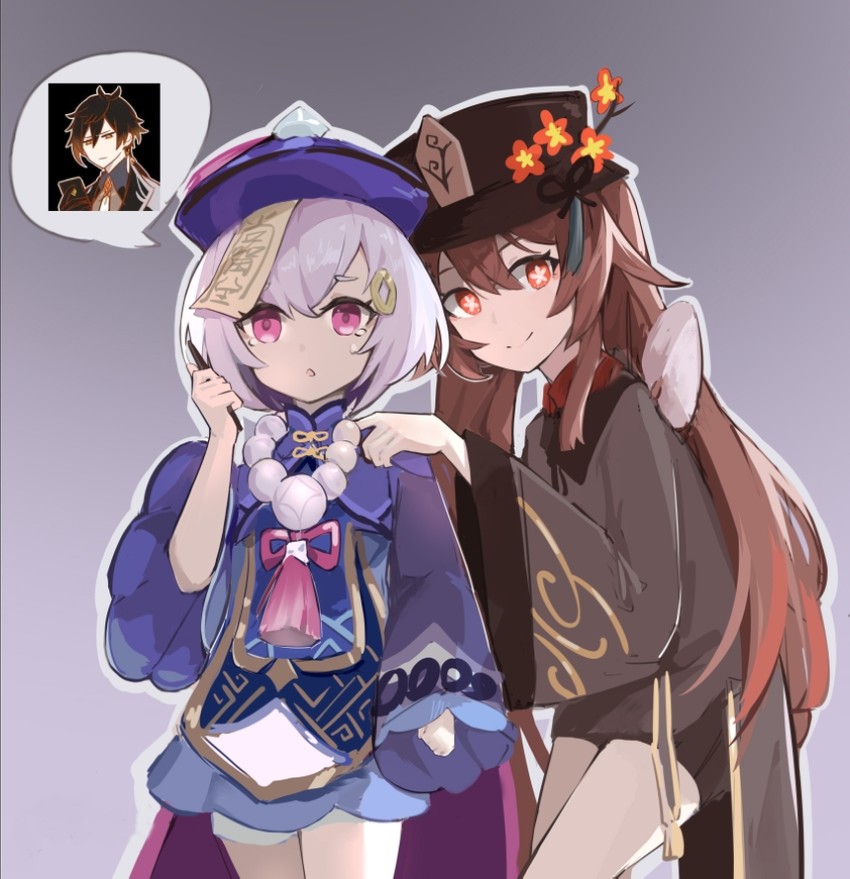 hu tao, zhongli, and qiqi (genshin impact) drawn by ruo_xuan_zephyr