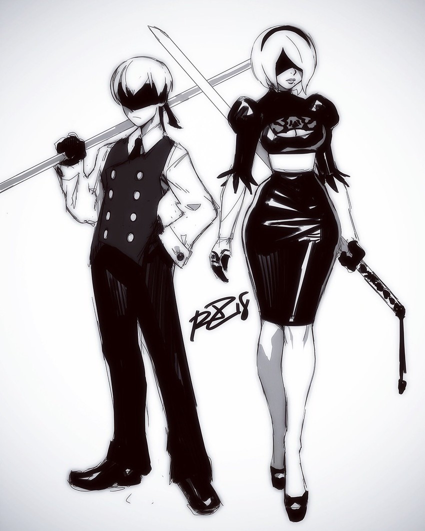 2b and 9s (nier and 1 more) drawn by robaato