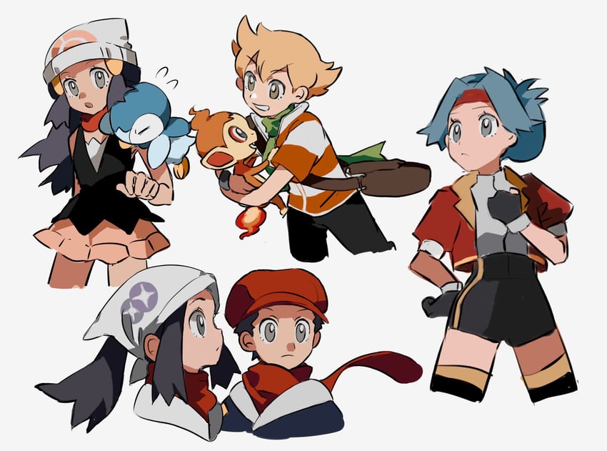 dawn, piplup, rei, barry, chimchar, and 1 more (pokemon and 4 more) drawn by shichibee_(stm_mimi)