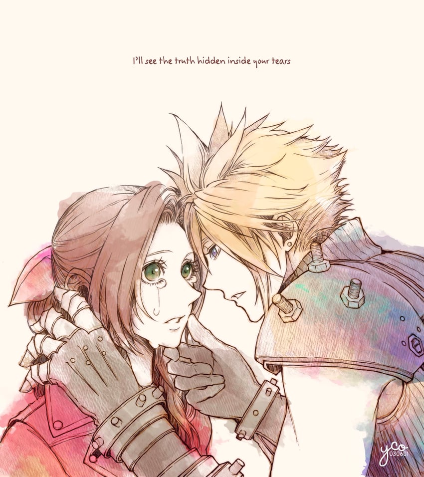 cloud strife and aerith gainsborough (final fantasy and 2 more) drawn by yco_030601