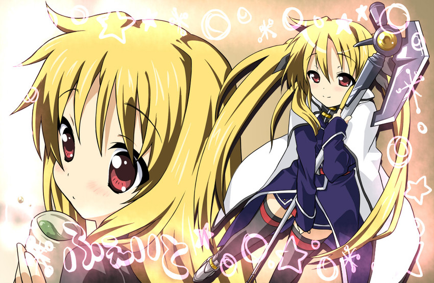 fate testarossa, nakano azusa, and bardiche (k-on! and 2 more) drawn by 467_(artist)