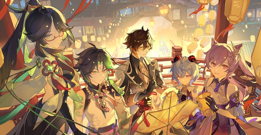 ganyu, zhongli, keqing, xiao, and xianyun (genshin impact) drawn by crackingtaro