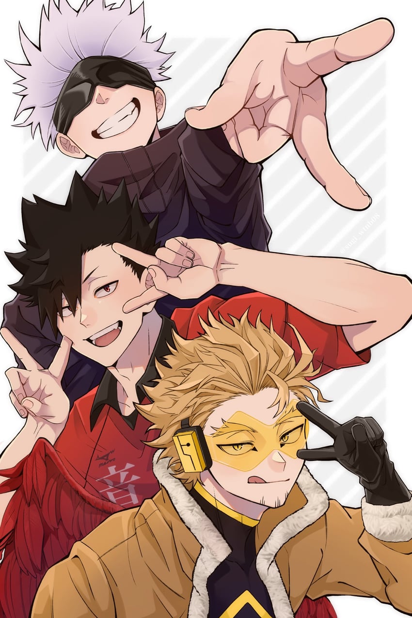 gojou satoru, hawks, kuroo tetsurou, and nakamura yuuichi (boku no hero academia and 2 more) drawn by sugi_wtnb08