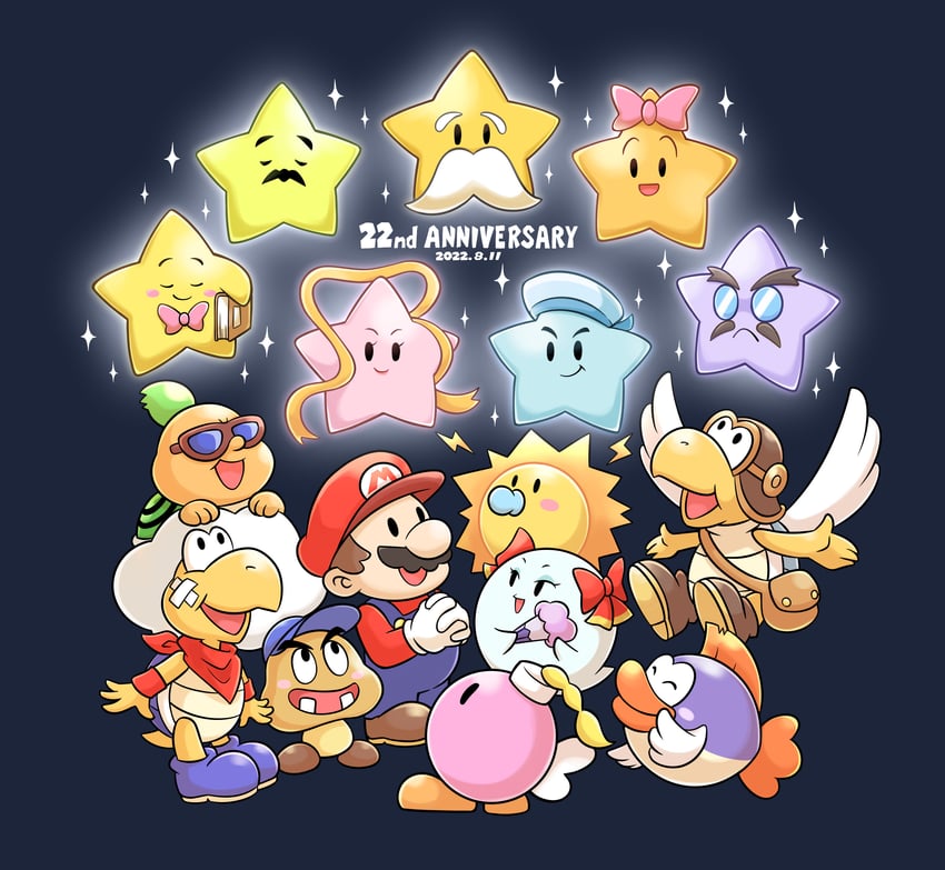 mario, paper mario, bow, goombario, bombette, and 12 more (mario and 2 more) drawn by aogaeru_(pixiv46613656)