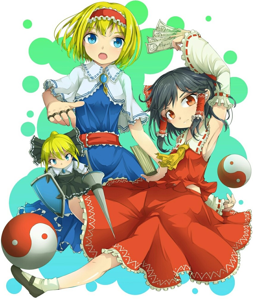 hakurei reimu, alice margatroid, and shanghai doll (touhou) drawn by uumaru