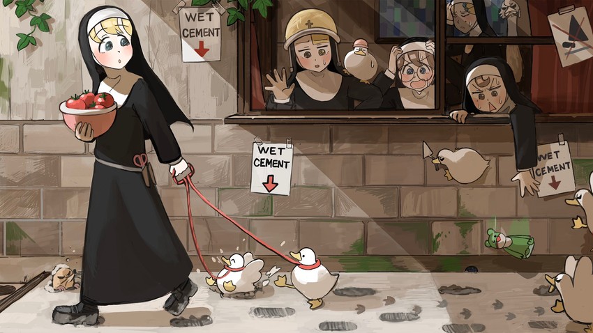 clumsy nun, froggy nun, spicy nun, strict nun, and glasses nun (little nuns) drawn by diva_(hyxpk)