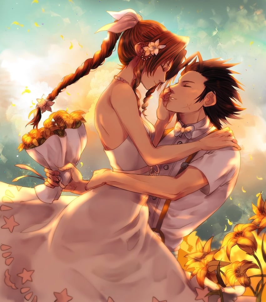 aerith gainsborough and zack fair (final fantasy and 3 more) drawn by sera_(serappi)