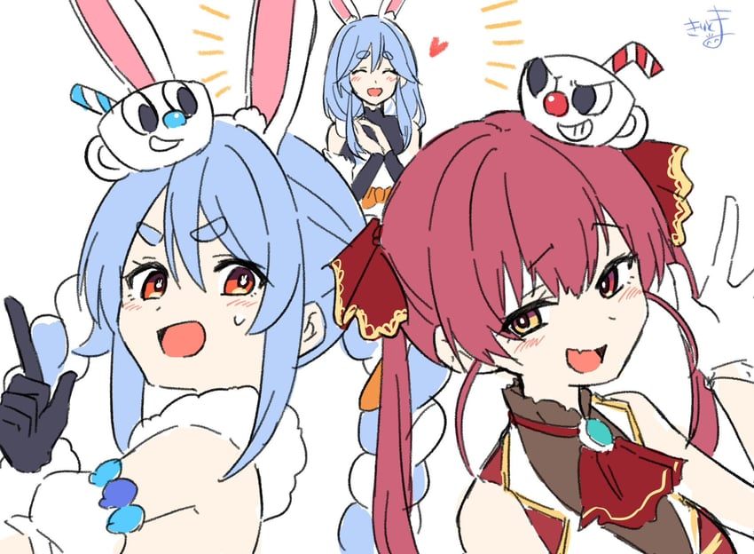 houshou marine, usada pekora, don-chan, pekomama, cuphead, and 1 more (cuphead) drawn by kiritoma