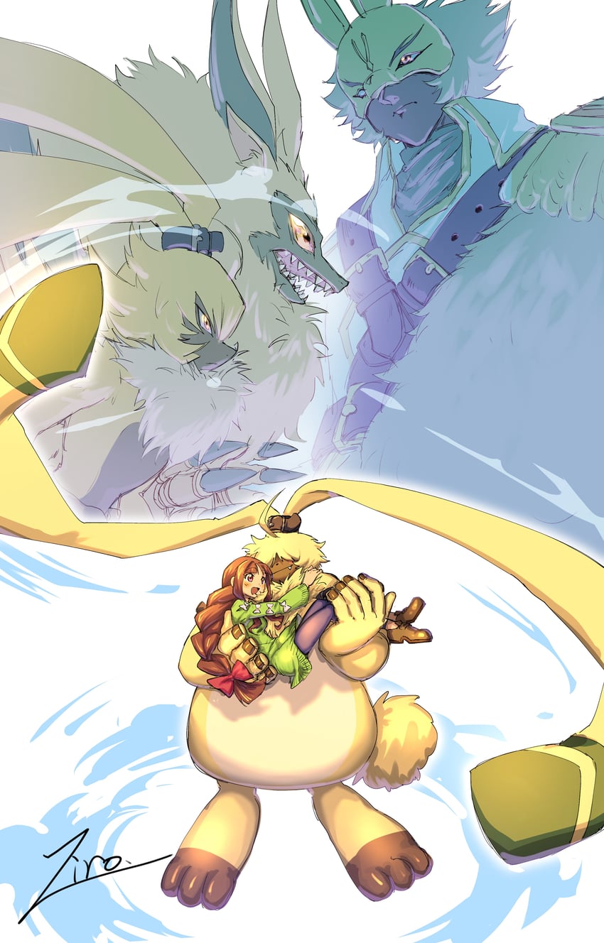 symbareangoramon, tsukiyono ruli, angoramon, diarbbitmon, and lamortmon (digimon and 1 more) drawn by ziro_illust