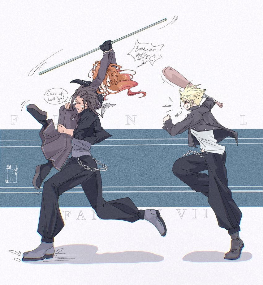 cloud strife, aerith gainsborough, and zack fair (final fantasy and 2 more) drawn by shanlieart