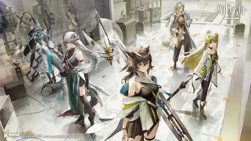 saria, ho'olheyak, muelsyse, silence, kristen, and 1 more (arknights) drawn by matsuo_shogo
