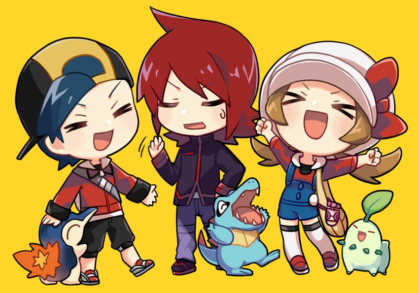 ethan, lyra, silver, cyndaquil, chikorita, and 1 more (pokemon and 1 more) drawn by blackspade