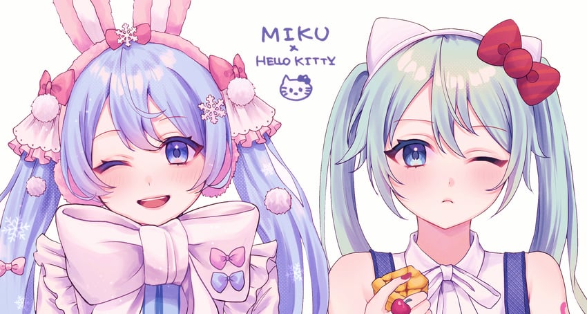 hatsune miku, yuki miku, and hello kitty (vocaloid and 3 more) drawn by asaras