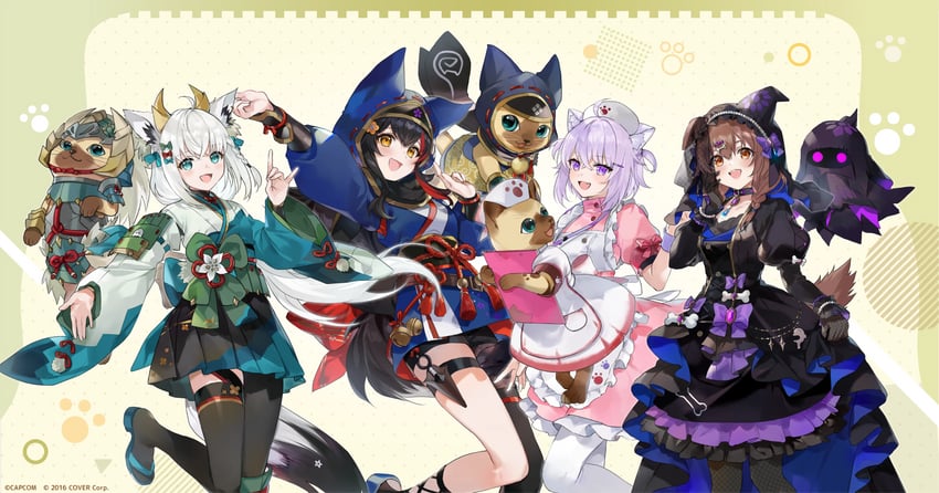 shirakami fubuki, nekomata okayu, ookami mio, inugami korone, and player palico (hololive and 1 more) drawn by soraneko_hino