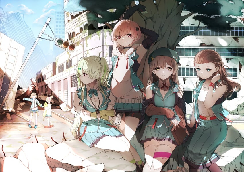 ooshima isuzu, ooshima ichiko, ooshima muua, ooshima yotsuha, ooshima niina, and 1 more (heaven burns red) drawn by towaishi