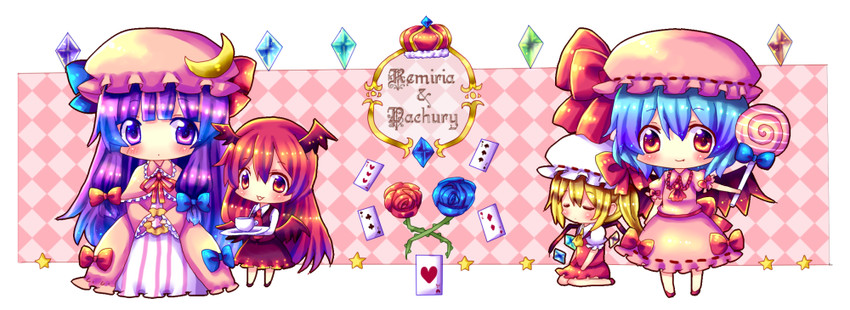remilia scarlet, flandre scarlet, patchouli knowledge, and koakuma (touhou) drawn by chocolat_(momoiro_piano)