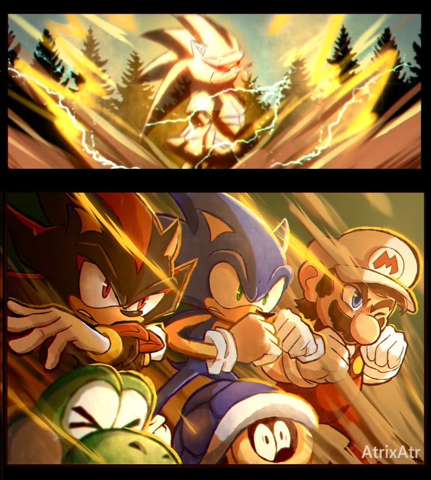 mario, sonic the hedgehog, shadow the hedgehog, luigi, yoshi, and 3 more (mario and 2 more) drawn by atrixatr