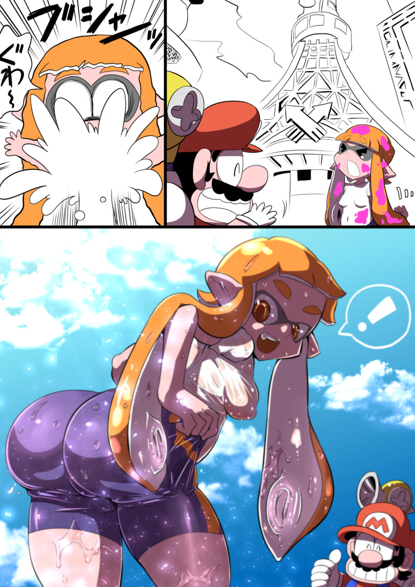 inkling player character, inkling girl, mario, and f.l.u.d.d. (splatoon and 4 more) drawn by kiwa_(pokemonwars)