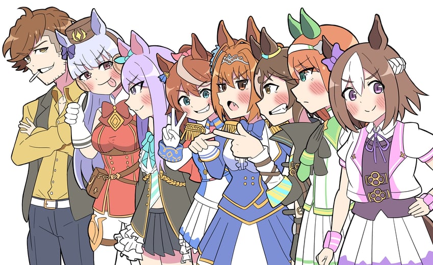trainer, gold ship, daiwa scarlet, mejiro mcqueen, tokai teio, and 4 more (umamusume) drawn by aoi_tenjiku